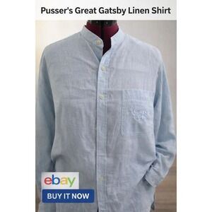 Pusser's Great Gatsby Linen Shirt XL Light Blue Mandarin Collar Embroidered
